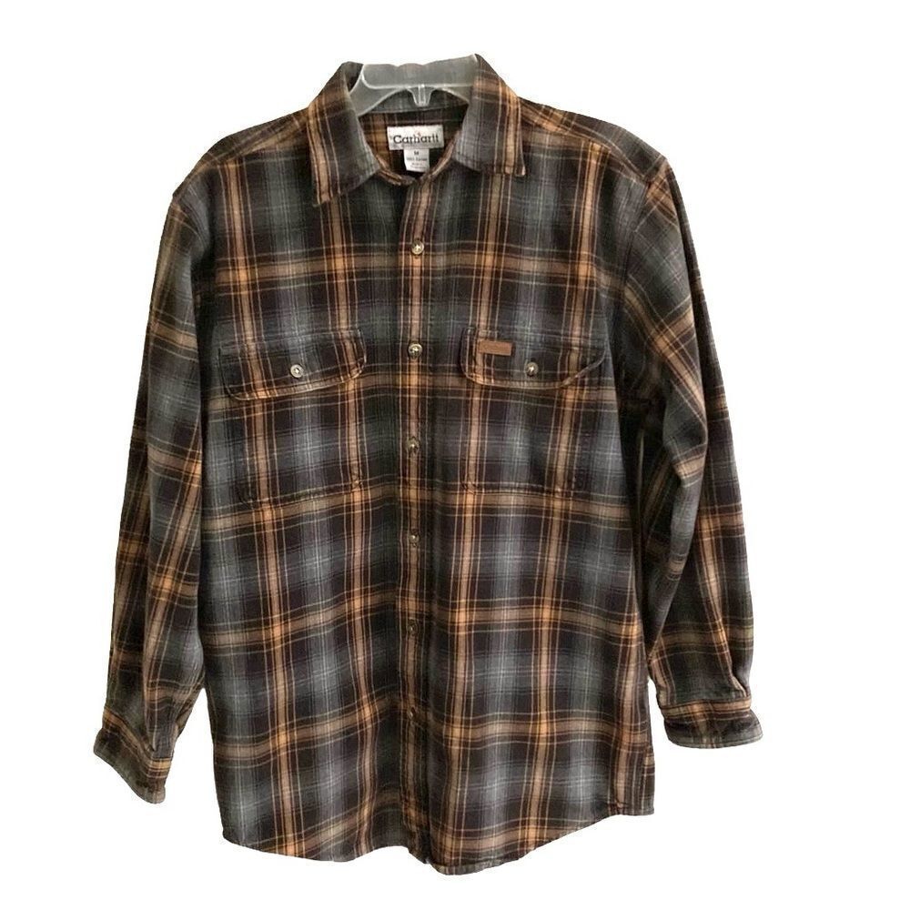 Carhartt long sleeve black &‎ yellow plaid heavy flannel button up shirt M